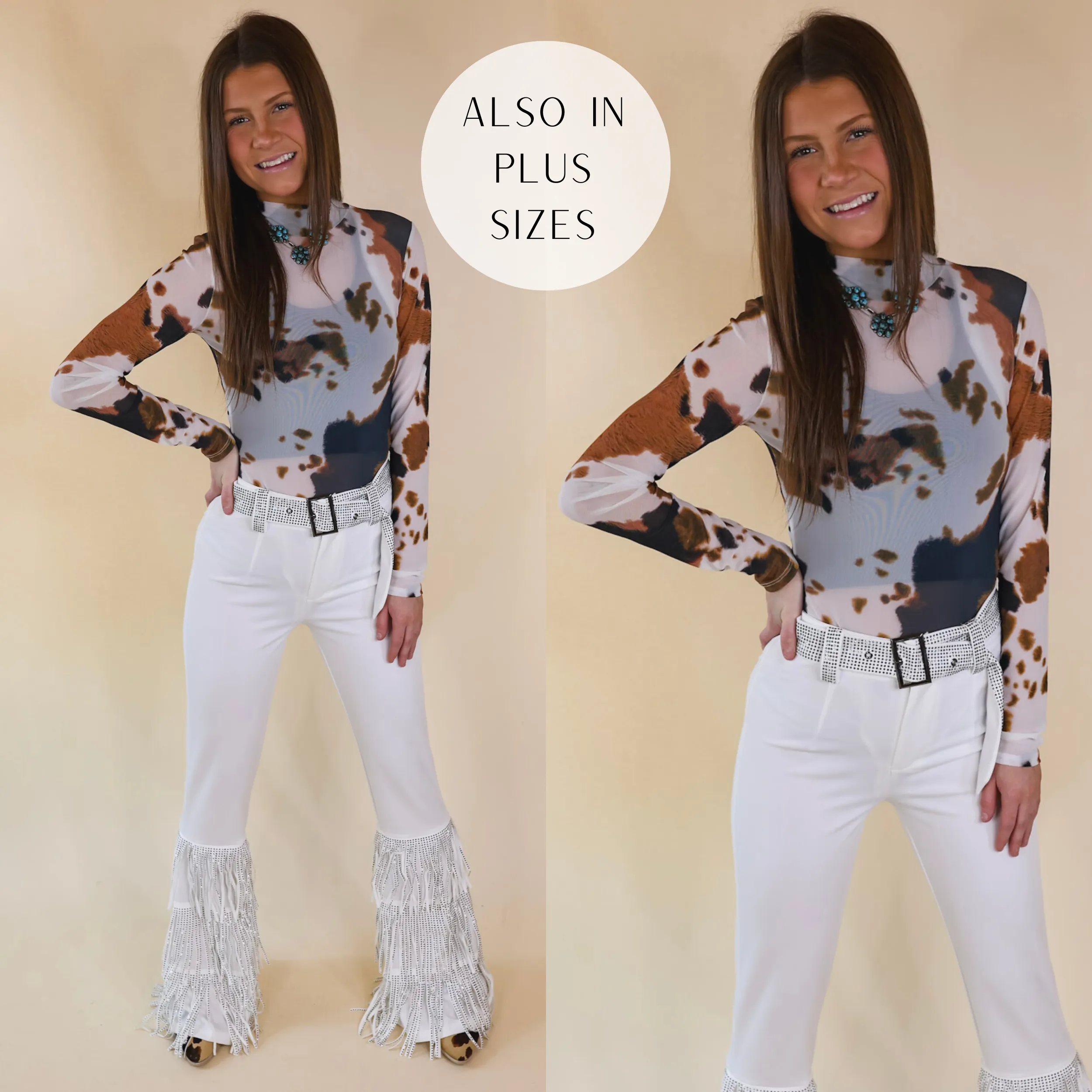 Try Your Luck Cow Print Mesh Long Sleeve Bodysuit in Brown and Black Bound Seam Finish