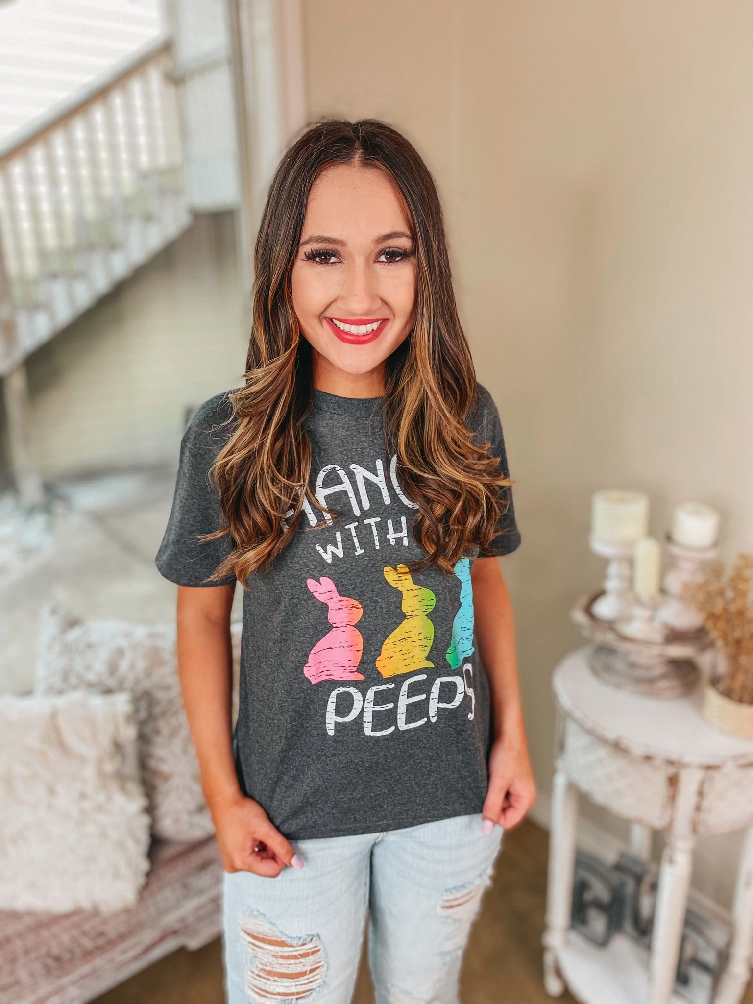 Last Chance Size Small | Hangin' With My Peeps Easter Graphic Tee in Charcoal Grey Breathable Lamination Work Ready