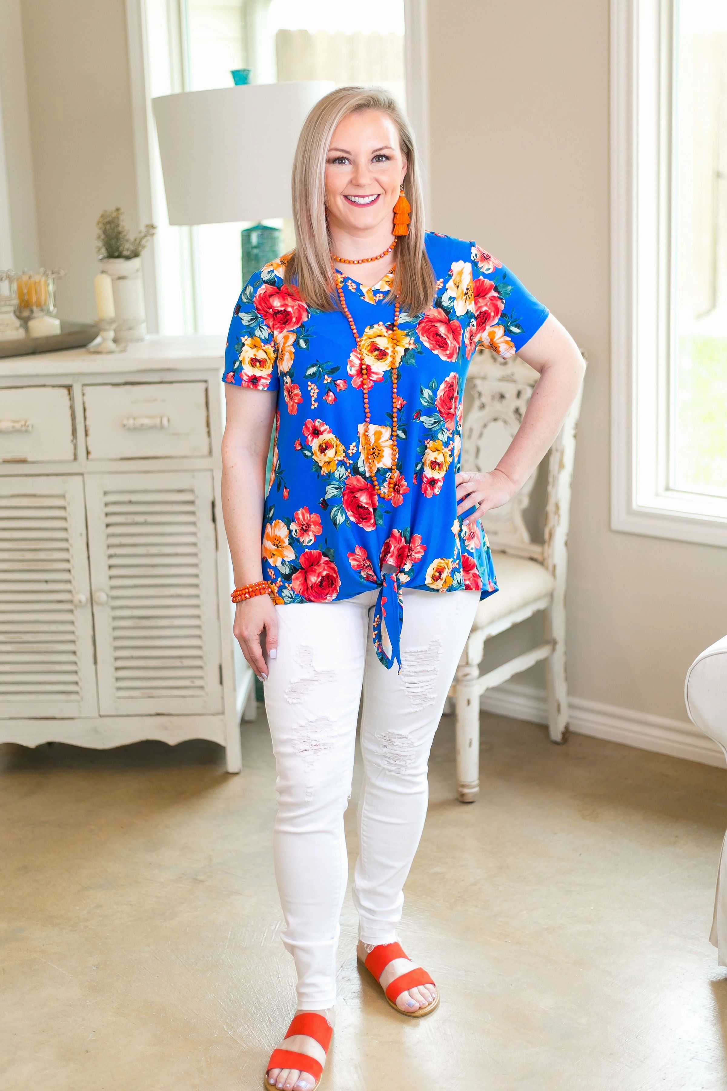 Last Chance Size Small | Girl's Getaway Floral Print Tie Top in Royal Blue Trendy Sweatpants