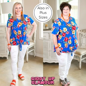 Last Chance Size Small | Girl's Getaway Floral Print Tie Top in Royal Blue Lightweight clothing