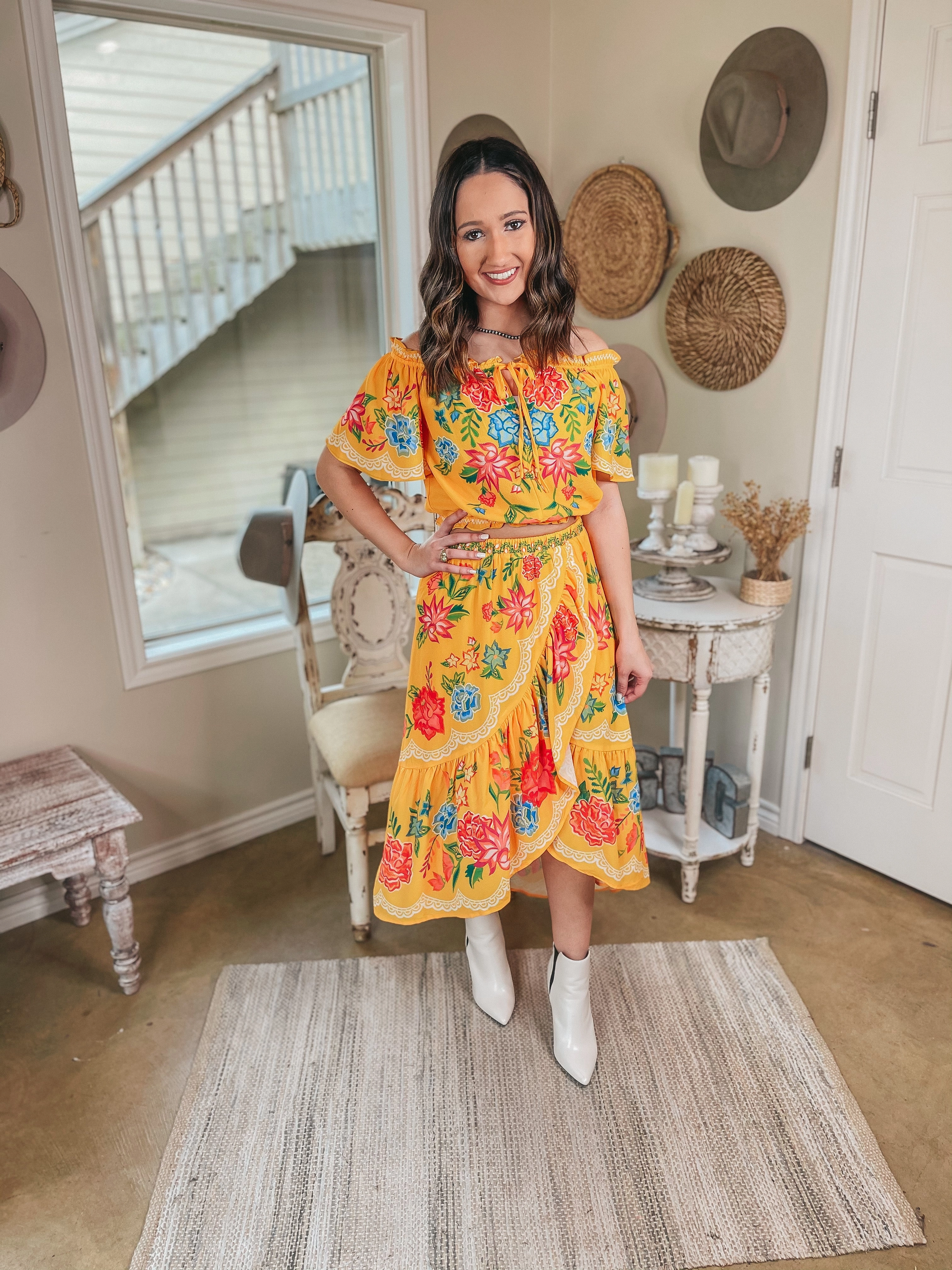 City Casual Flock To Paradise Floral Print Wrap Skirt in Yellow