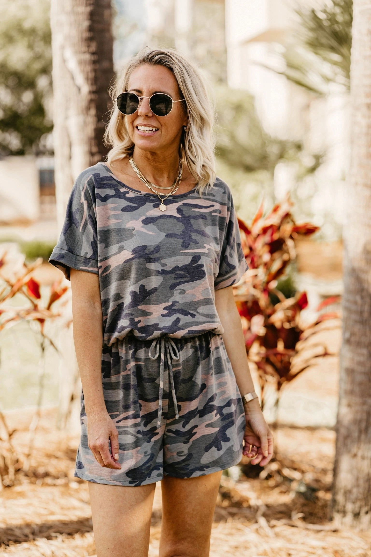 Last Chance Size 3XL | Let Me Loose Short Sleeve Drawstring Waist Tee Shirt Romper in Camouflage Active Apparel NonChafingEdges