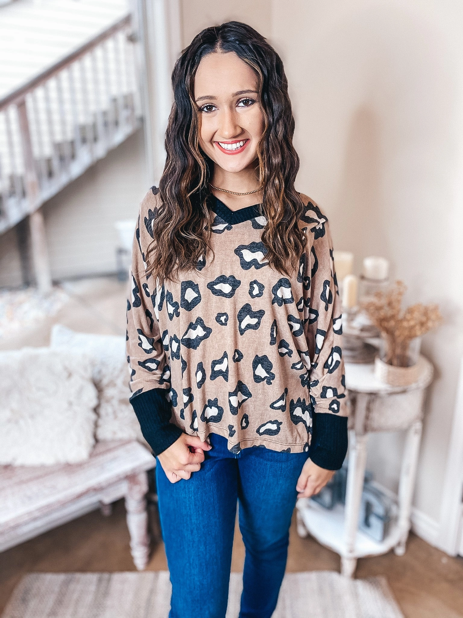 TactileStitching Wild In Love Waffle Knit Trim  Leopard Dolman Top in Mocha Brown