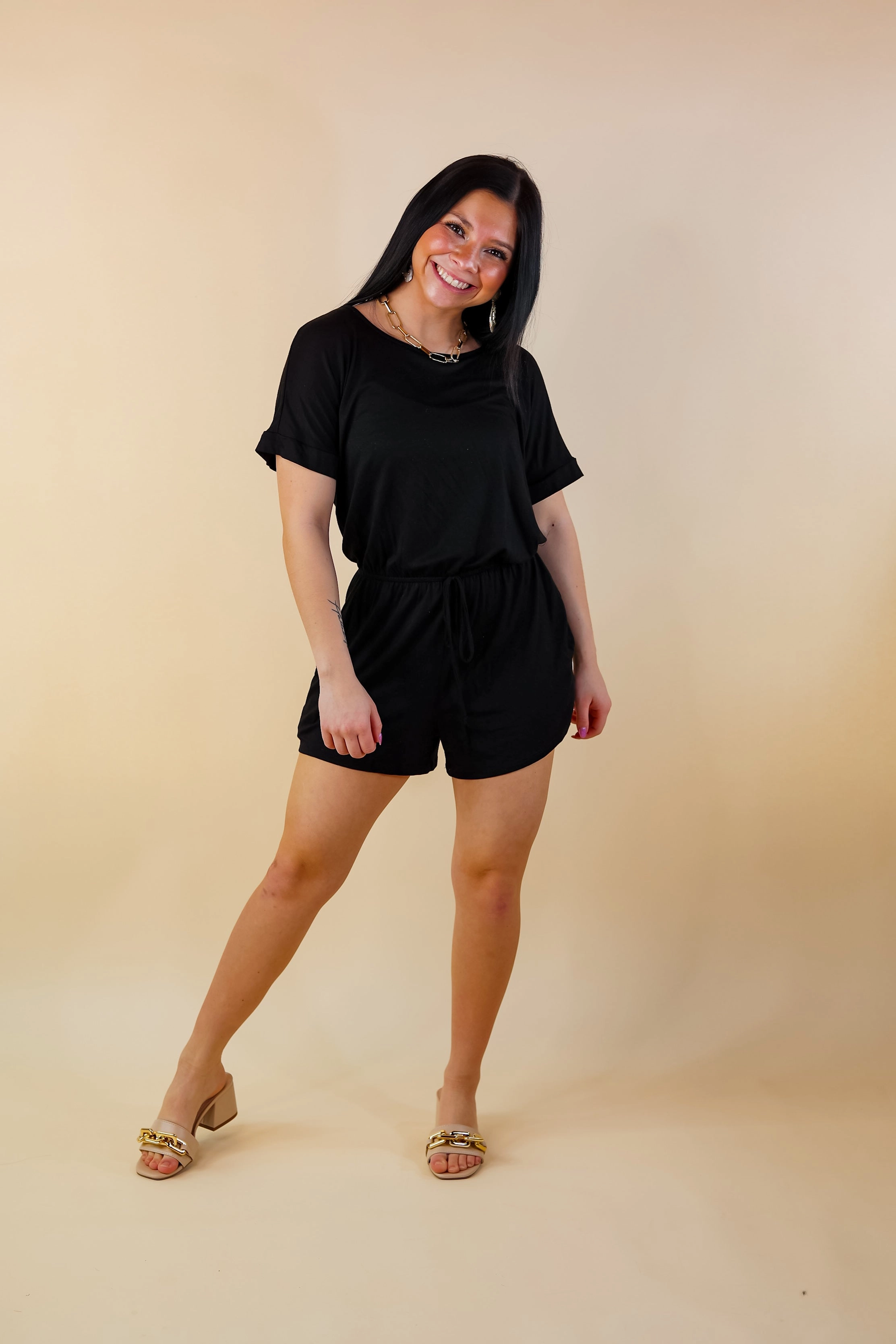 Let Me Loose Short Sleeve Drawstring Waist Tee Shirt Romper in Black Silver Glow