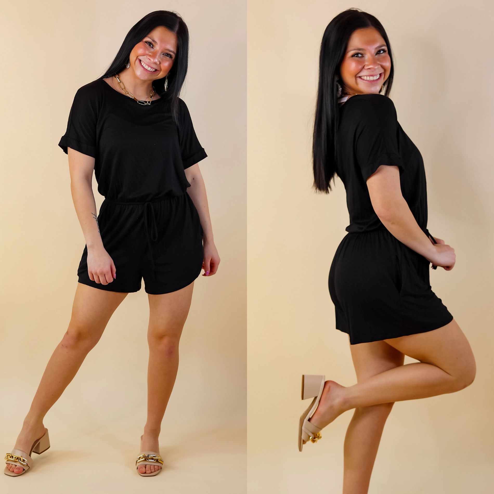 Cozy Pajama Pants Relaxed Blouse Let Me Loose Short Sleeve Drawstring Waist Tee Shirt Romper in Black
