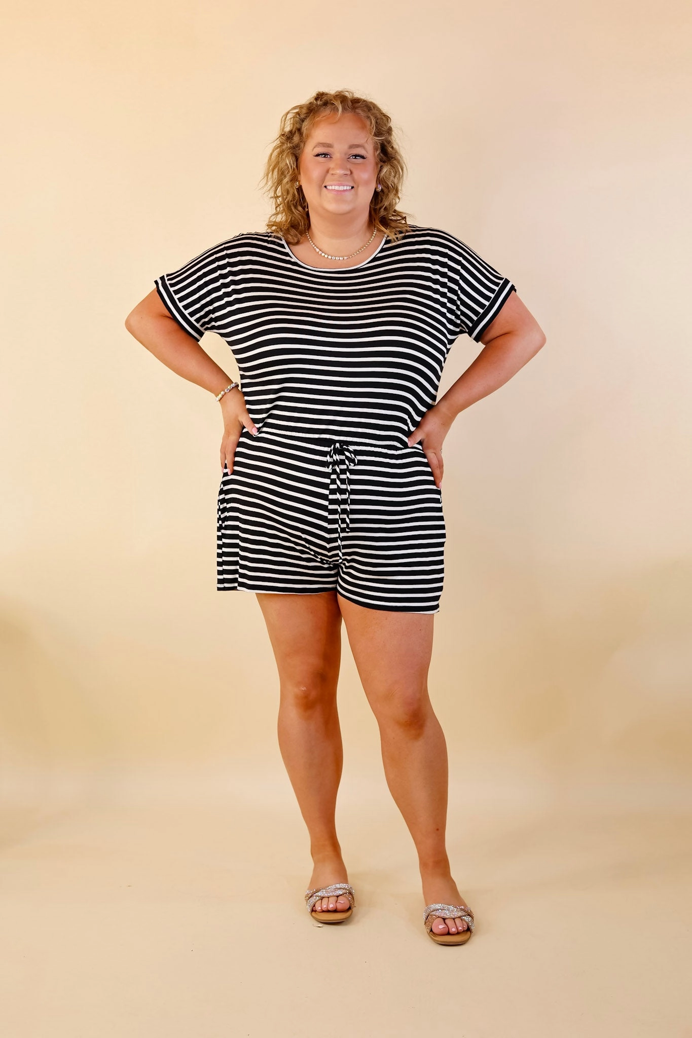 Let Me Loose Striped Short Sleeve Drawstring Waist Tee Shirt Romper in Black and Ivory Kind Soul MoistureManagement Technology