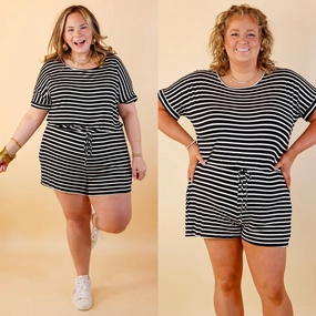 Let Me Loose Striped Short Sleeve Drawstring Waist Tee Shirt Romper in Black and Ivory Washable fabric