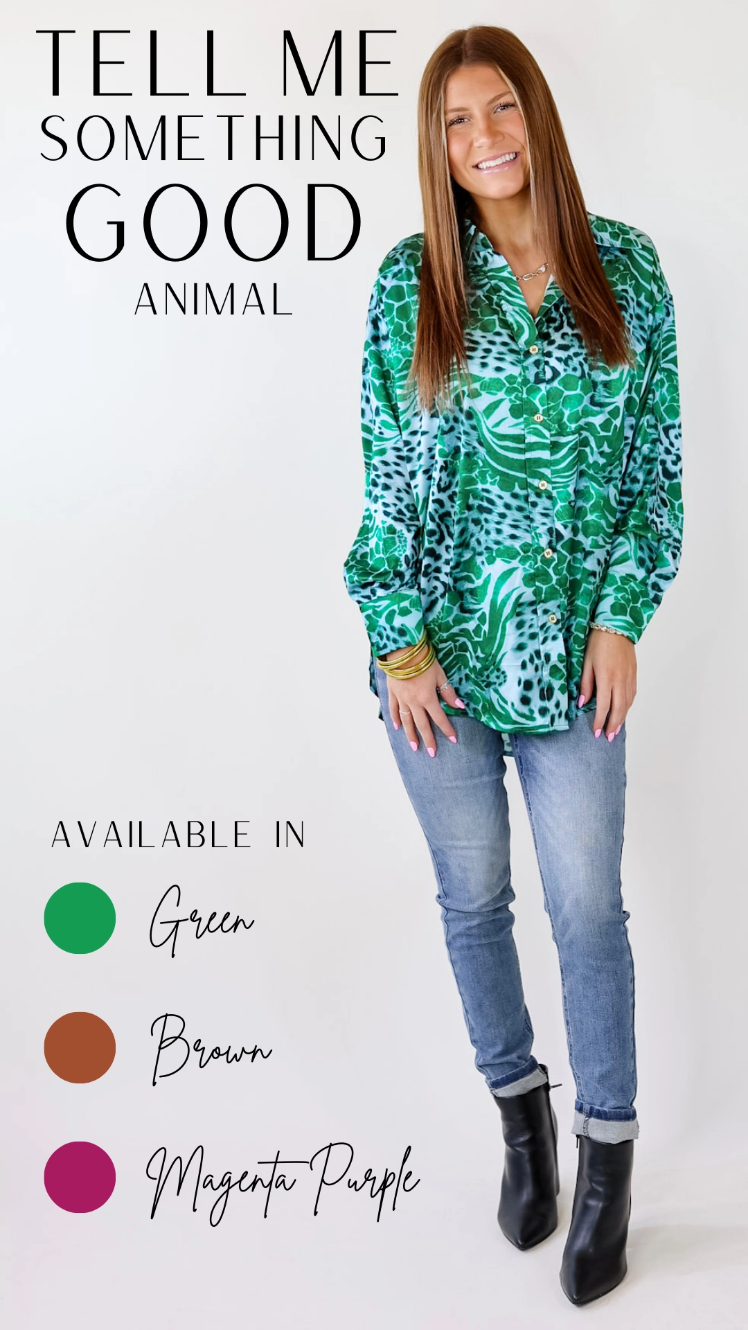 Mediterranean Air MachineWashable Tell Me Something Good Mixed Animal Print Long Sleeve Button Up Top in Green