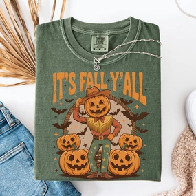 Online Exclusive | It's Fall Y'all Pumpkin Cowboy Graphic on Short Sleeve Comfort Color Tee in Moss Green Geometric Print