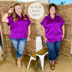 Free To Be Fab Button Up Short Sleeve Top in Purple Eco-Friendly Material VentilatedKnit