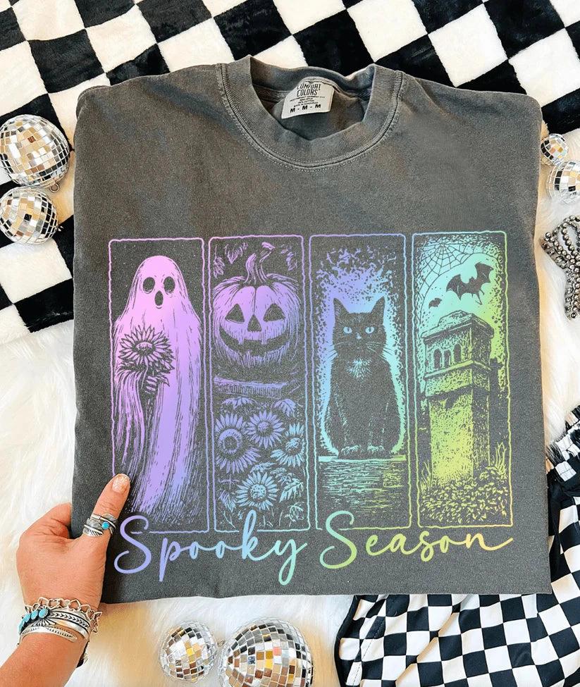 Chic Design Perfect Layer Online Exclusive | Spooky Season Halloween Graphic on Short Sleeve Comfort Color Tee in Pepper Black
