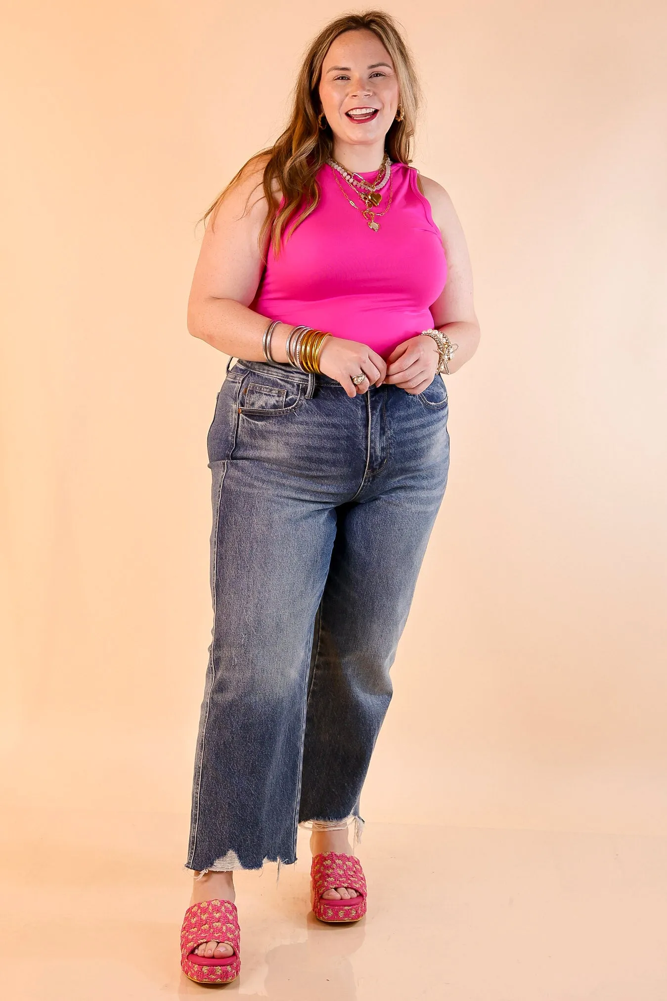 Sunshine State of Mind Tank Top Bodysuit in Neon Pink Compression Fit