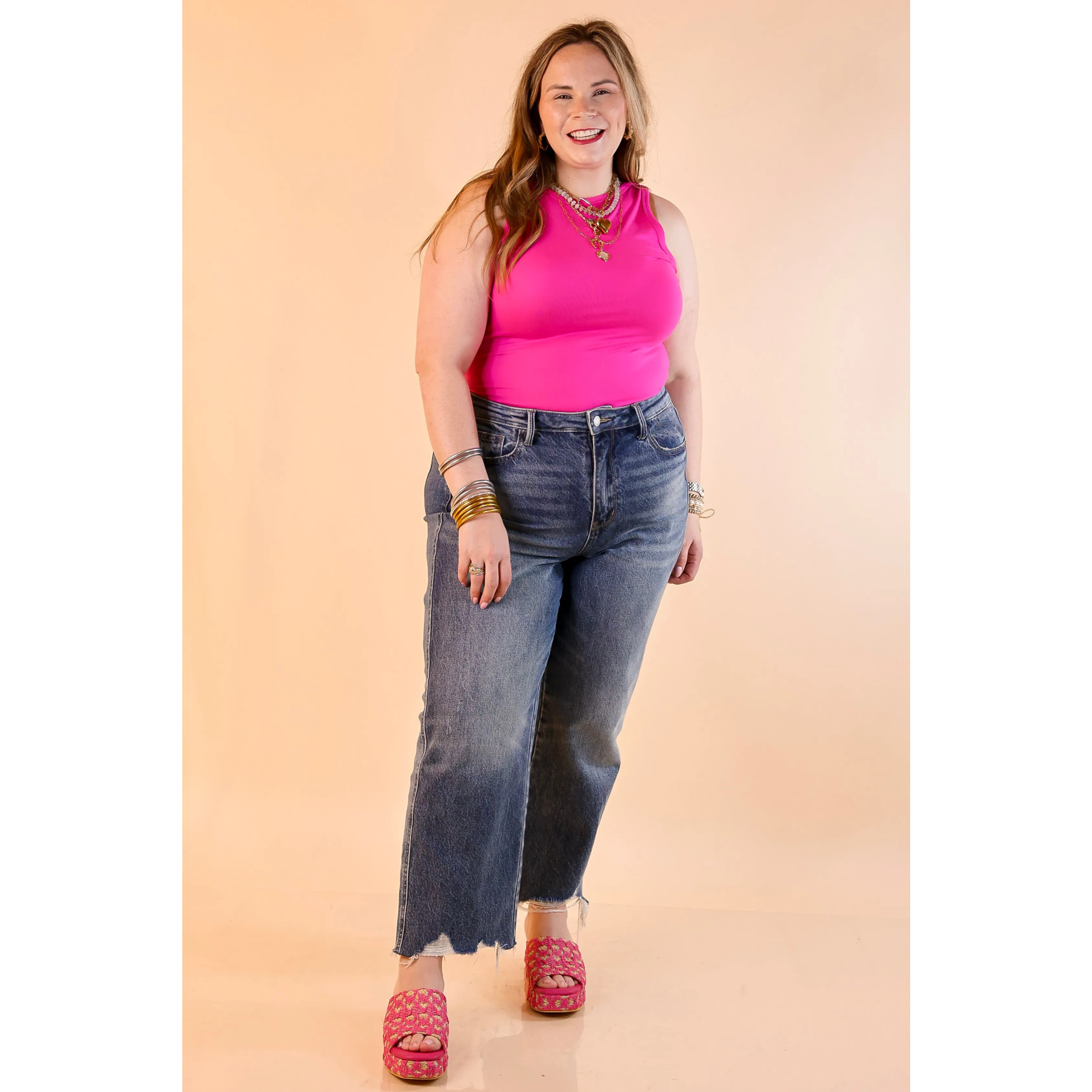 Durable Double Stitching Sunshine State of Mind Tank Top Bodysuit in Neon Pink