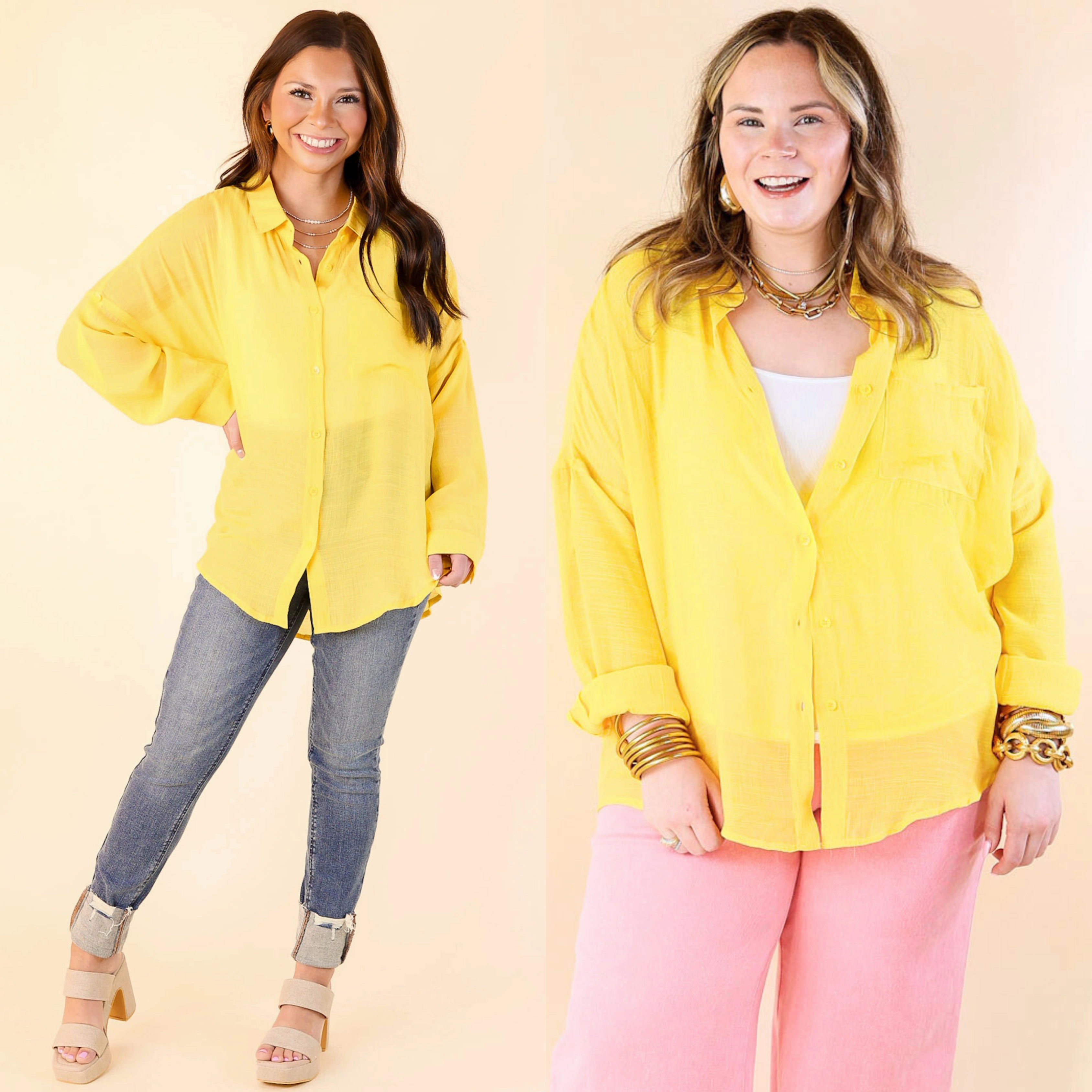 Look on the Bright Side Button Up Long Sleeve in Lemon Yellow Ergonomic Sleeve Cut