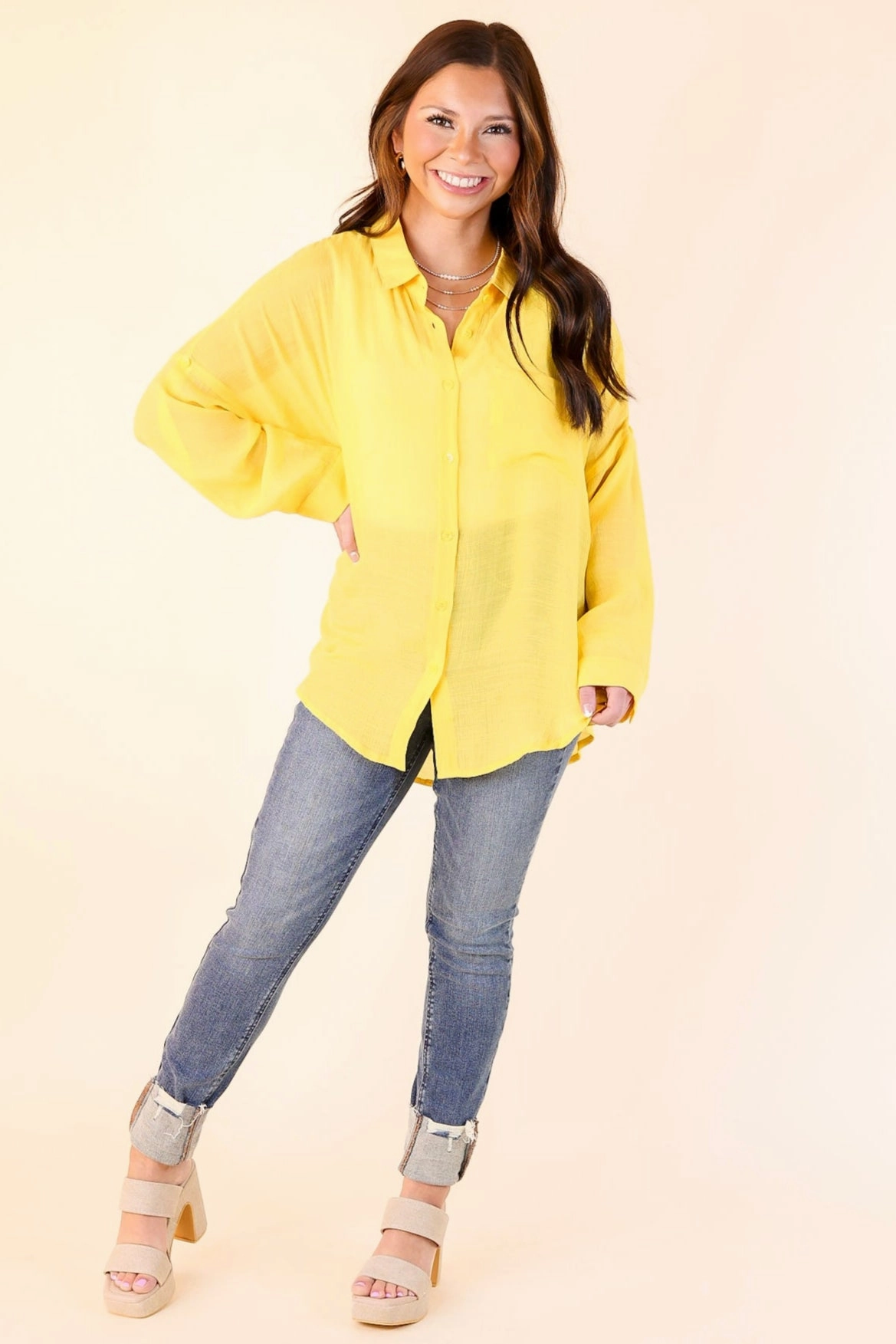 Look on the Bright Side Button Up Long Sleeve in Lemon Yellow Practical Choice Reinforced Side Vents