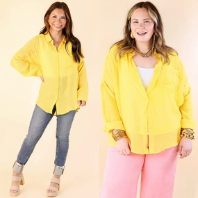 Look on the Bright Side Button Up Long Sleeve in Lemon Yellow Ergonomic Sleeve Cut