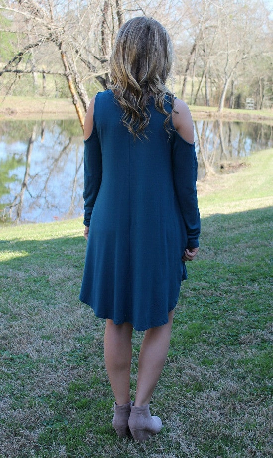 Last Chance Size Small & Medium | Fill Me In Cold Shoulder Dress in Teal Legend Glow Faith Core