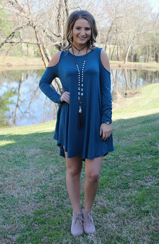 Last Chance Size Small & Medium | Fill Me In Cold Shoulder Dress in Teal StretchFit Dance Flow