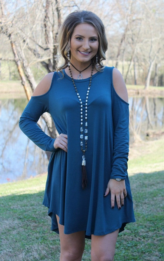 Sporty Gear Last Chance Size Small & Medium | Fill Me In Cold Shoulder Dress in Teal