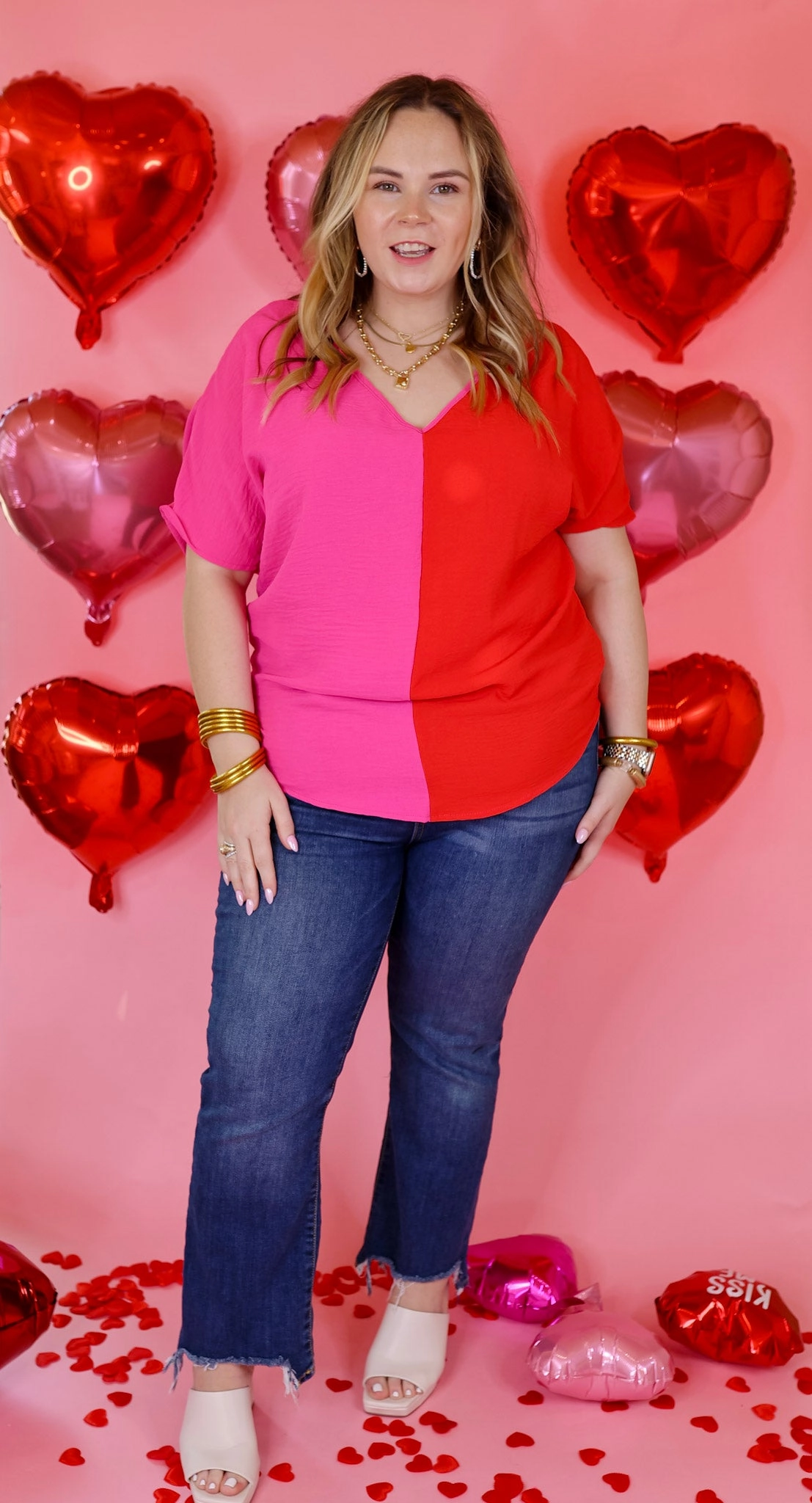 Last Chance Size Small | Lovely Dear V Neck Short Sleeve Color Block Top in Fuchsia and Red Harbor Style