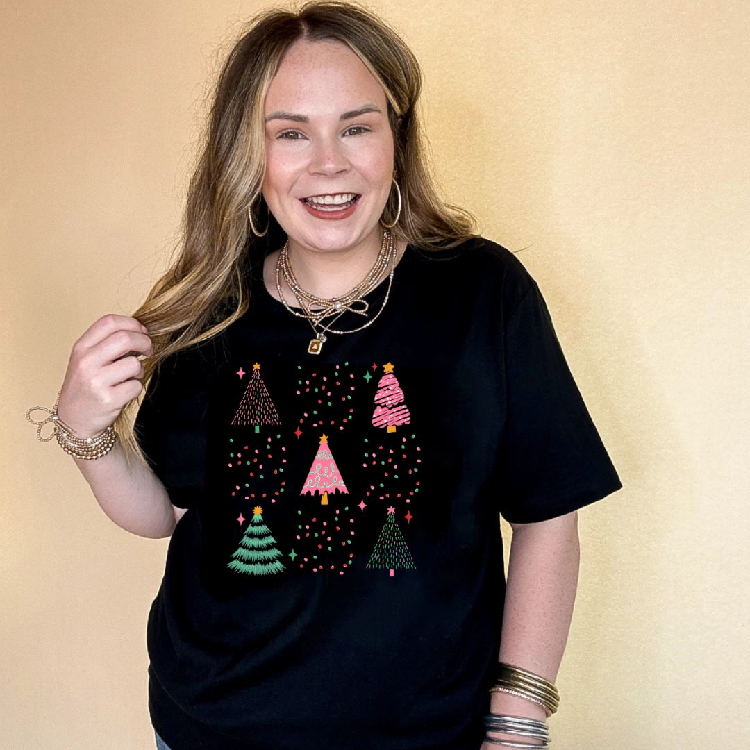 Light Casual Sublimation Printed Collar Online Exclusive | Variety of Christmas Trees and Christmas Lights Bow Collage Graphic Tee in Multiple Color Options
