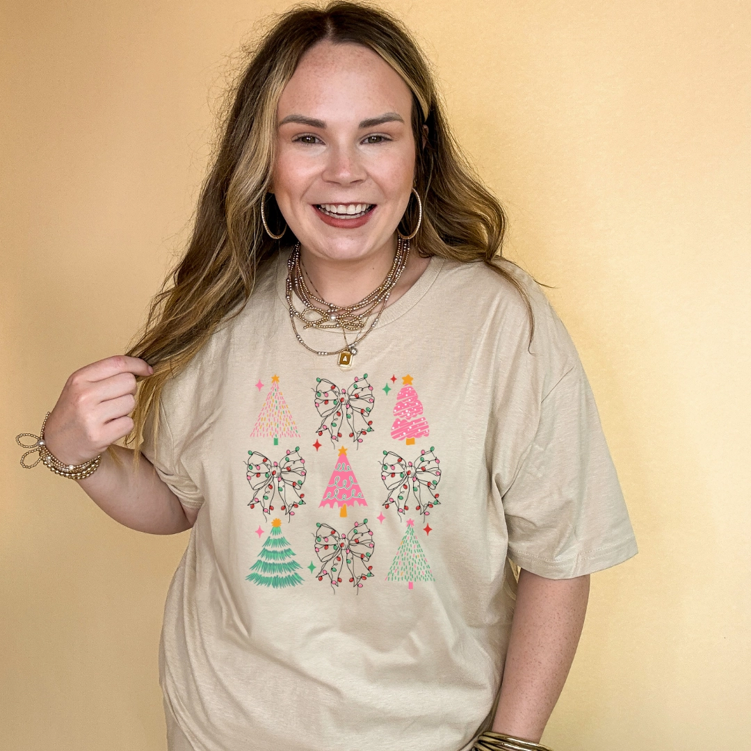 Versatile Wear Flexible Shoulder Seams Online Exclusive | Variety of Christmas Trees and Christmas Lights Bow Collage Graphic Tee in Multiple Color Options