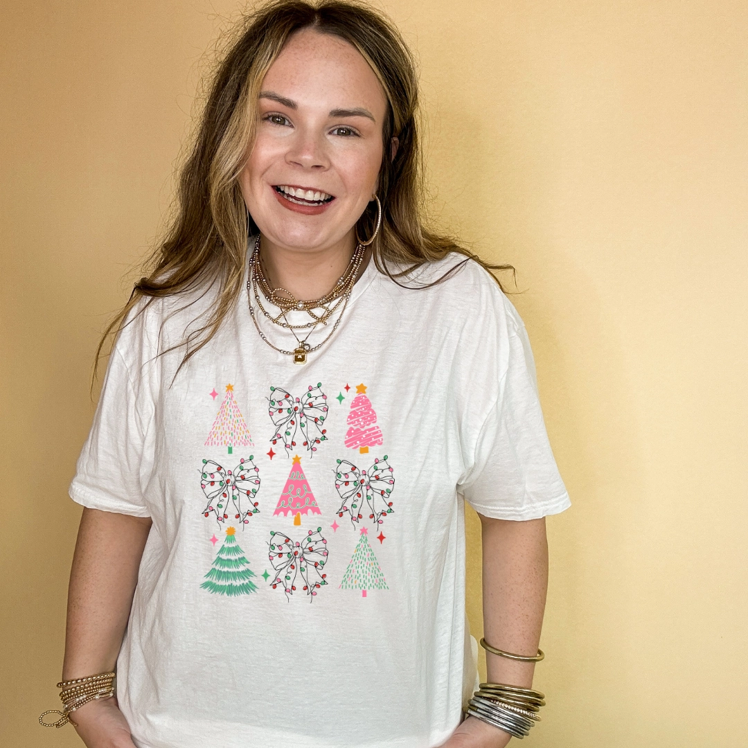 Short Sleeve Eco Conscious Production Online Exclusive | Variety of Christmas Trees and Christmas Lights Bow Collage Graphic Tee in Multiple Color Options