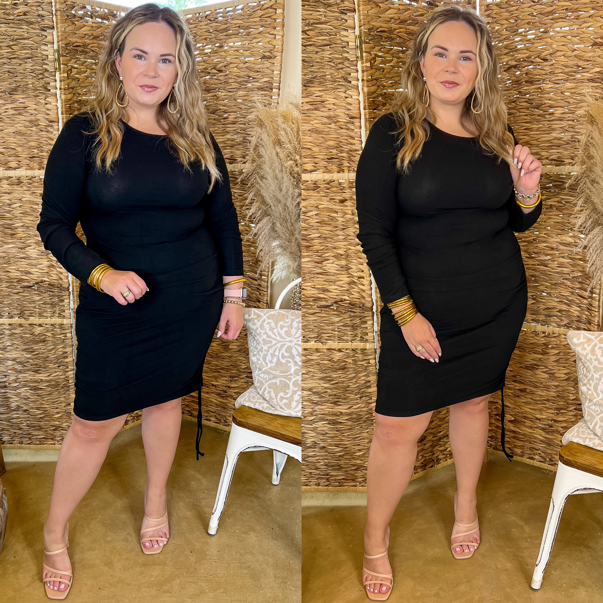 Felt A Chill Long Sleeve Fitted Dress with Ruched Drawstring Hips in Black Soft Mesh