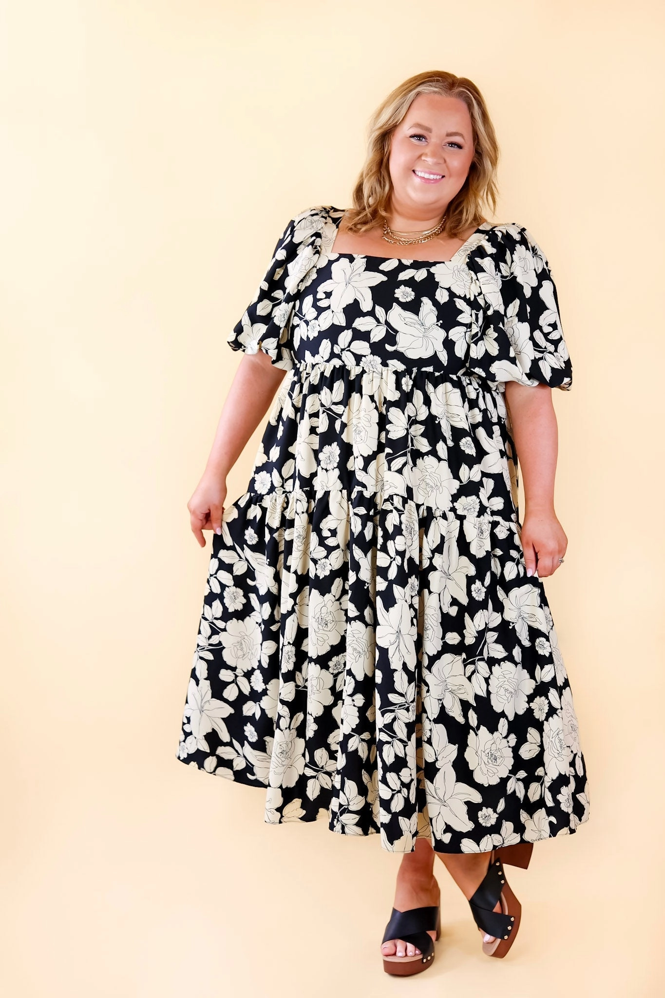 Floral Fascination Tiered Midi Dress in Black and White AntiSnagFabric Shoot Mood