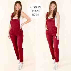 Judy Blue | Start The Bonfire Denim Garment Dyed Overalls in Maroon Utility Jacket