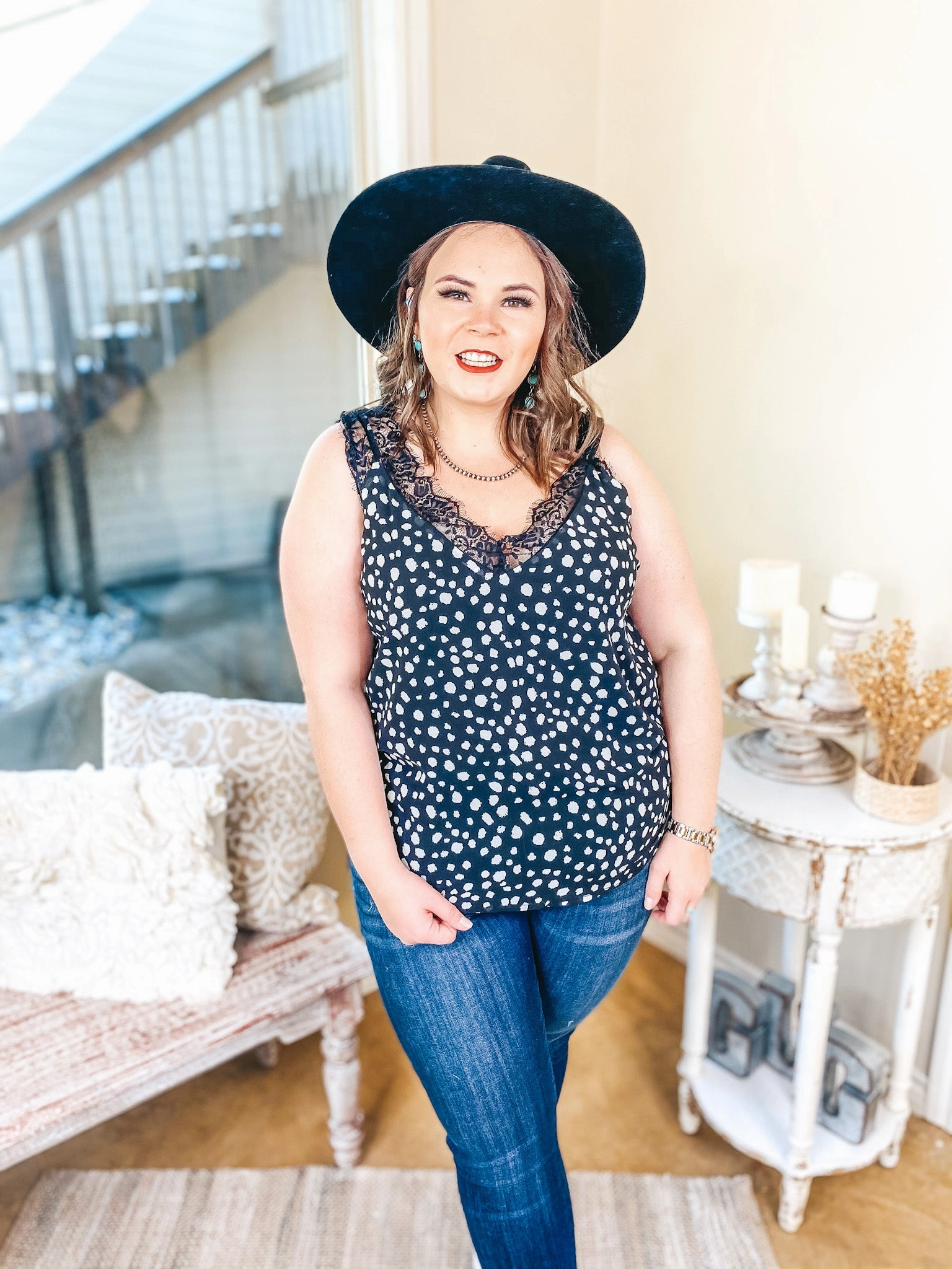 Comfort Wear Last Chance Size Small, Medium & XL | On Replay Dotted Camisole with Lace Sleeves in Black