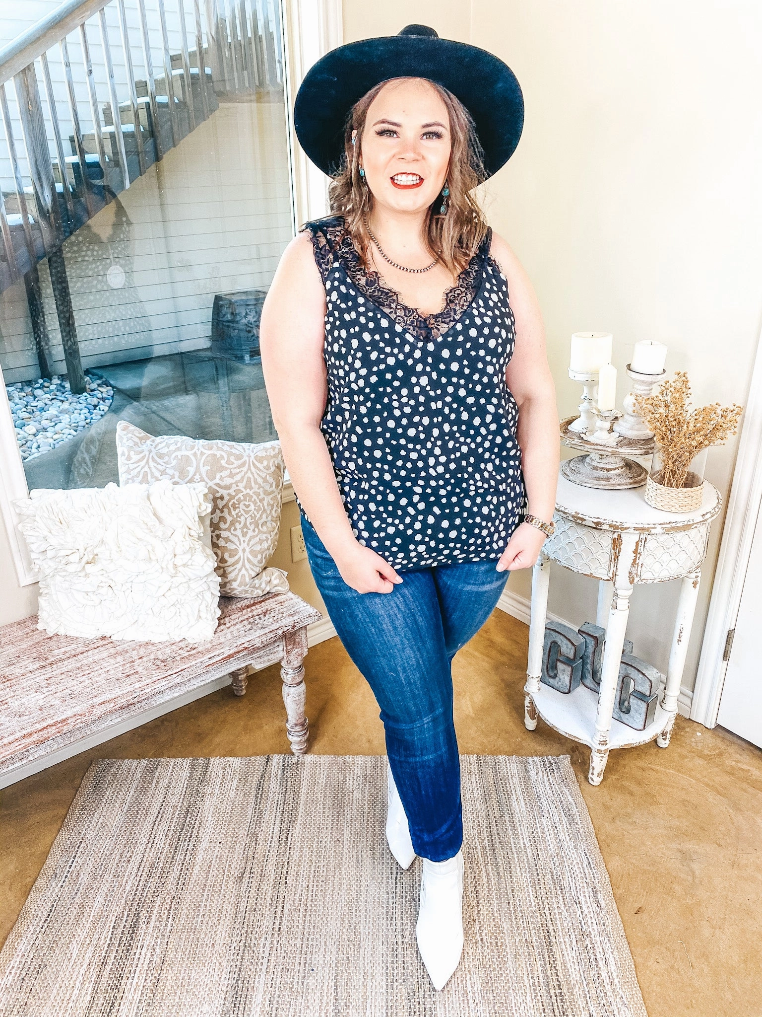 Last Chance Size Small, Medium & XL | On Replay Dotted Camisole with Lace Sleeves in Black Royal Mode