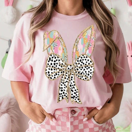 Non Shrink Material Online Exclusive | Watercolor Bunny Ears With Dalmatian Bow Graphic Tee in Light Pink
