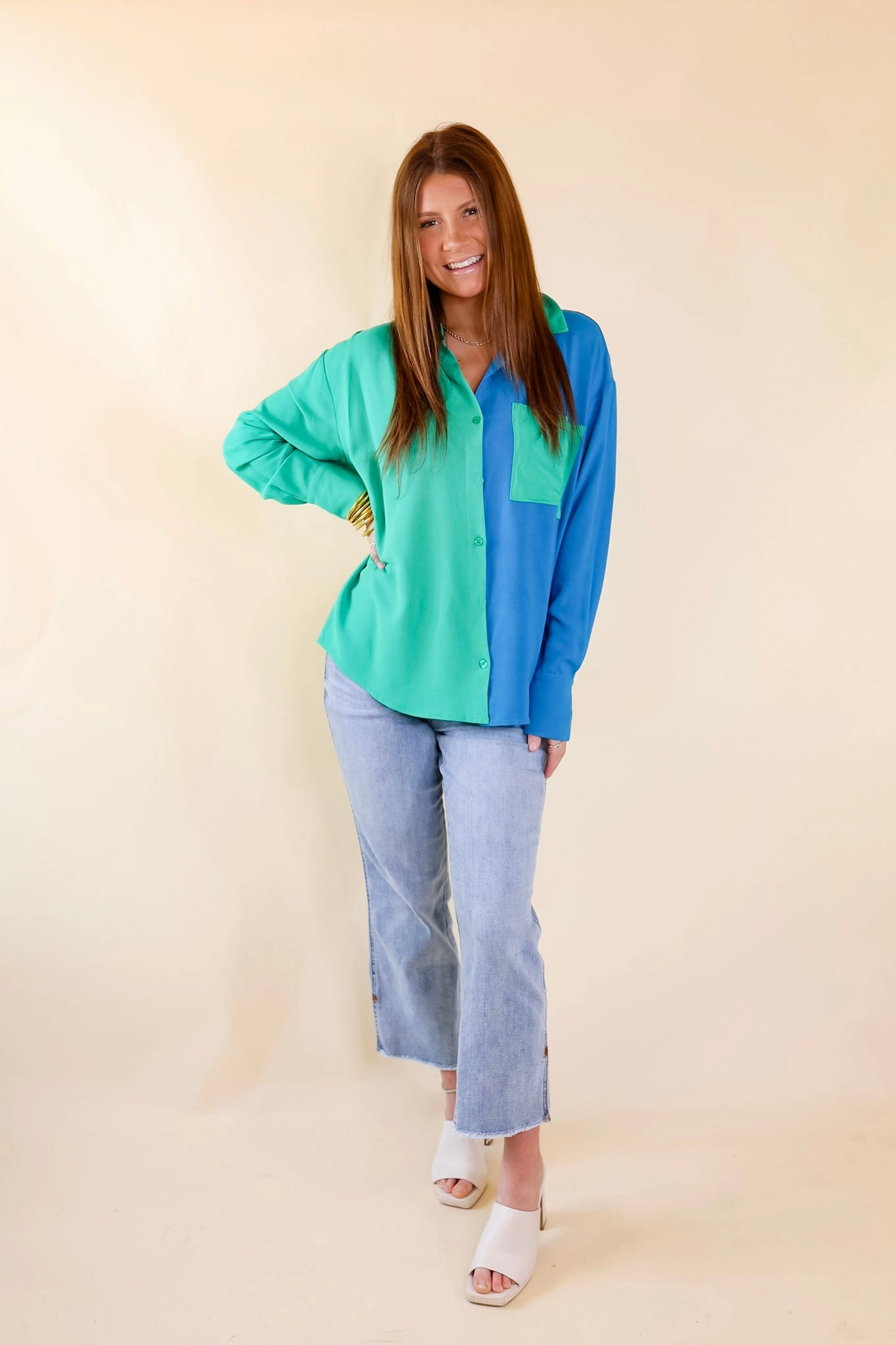 Play It Up Color Block Button Up Top in Blue and Green Seamless construction Baby Soft