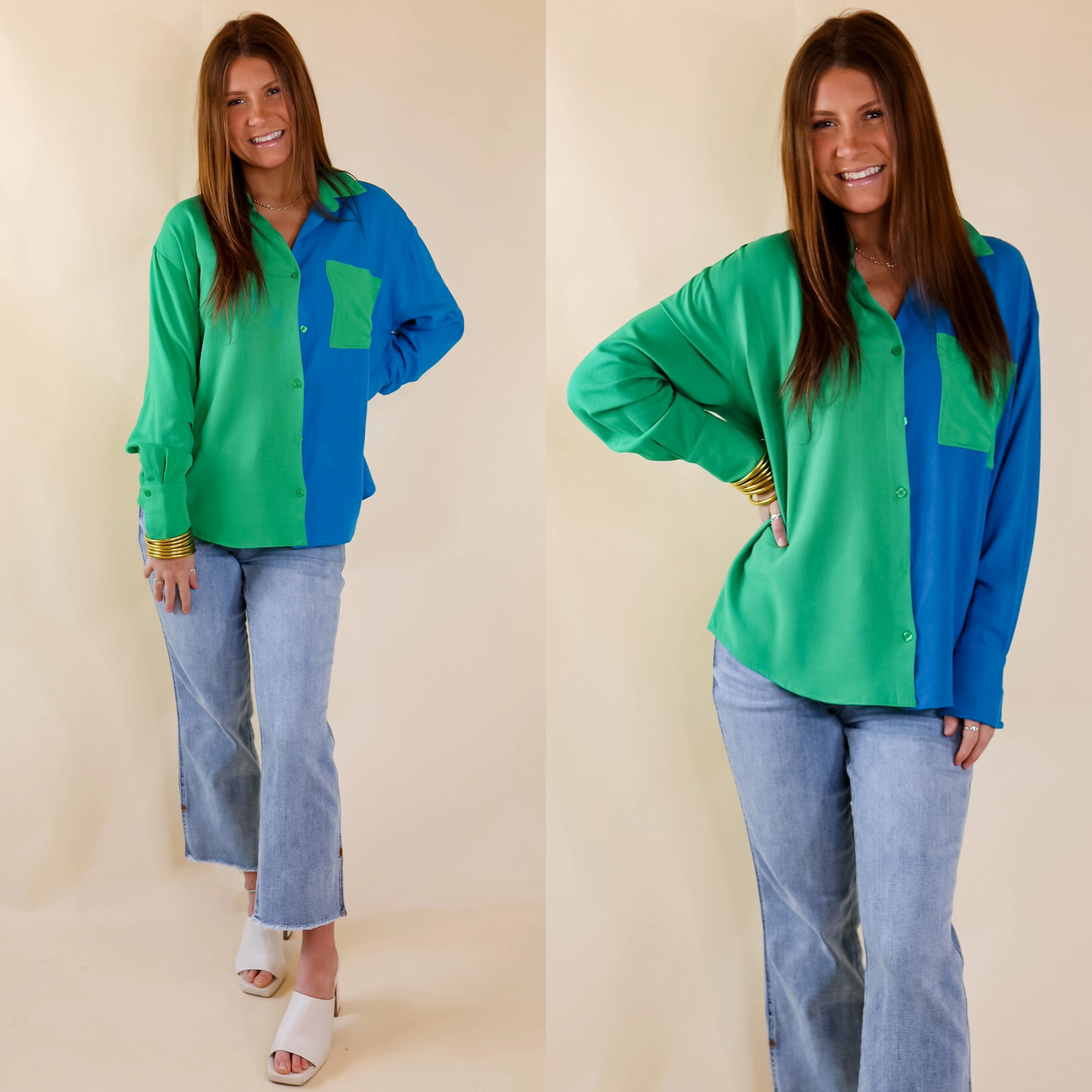 Play It Up Color Block Button Up Top in Blue and Green DurableReinforcedElbow MachineWashable