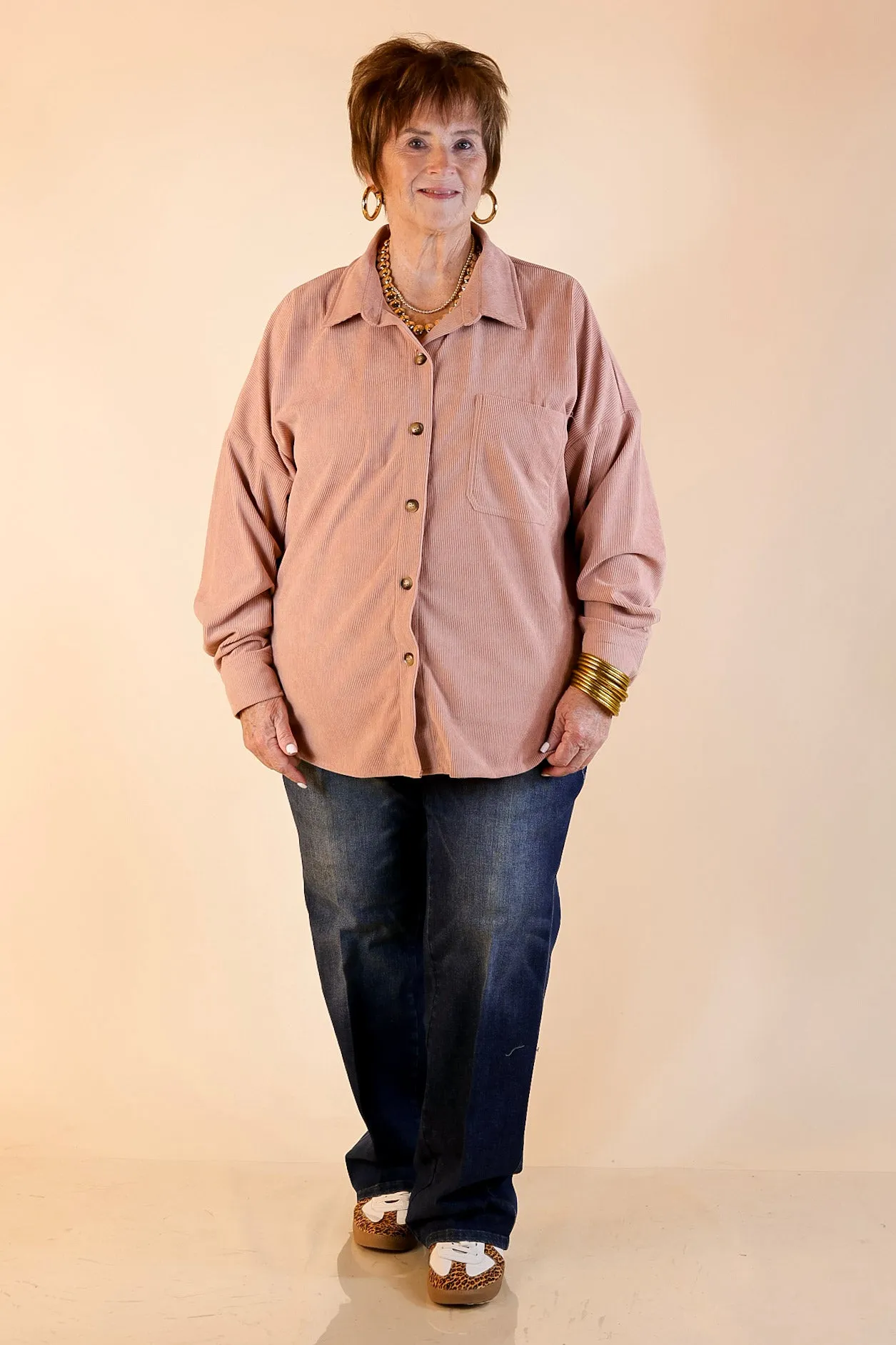 Captivating Cuteness Corduroy Button Up Shacket in Mauve Pink MoistureWickingMaterial