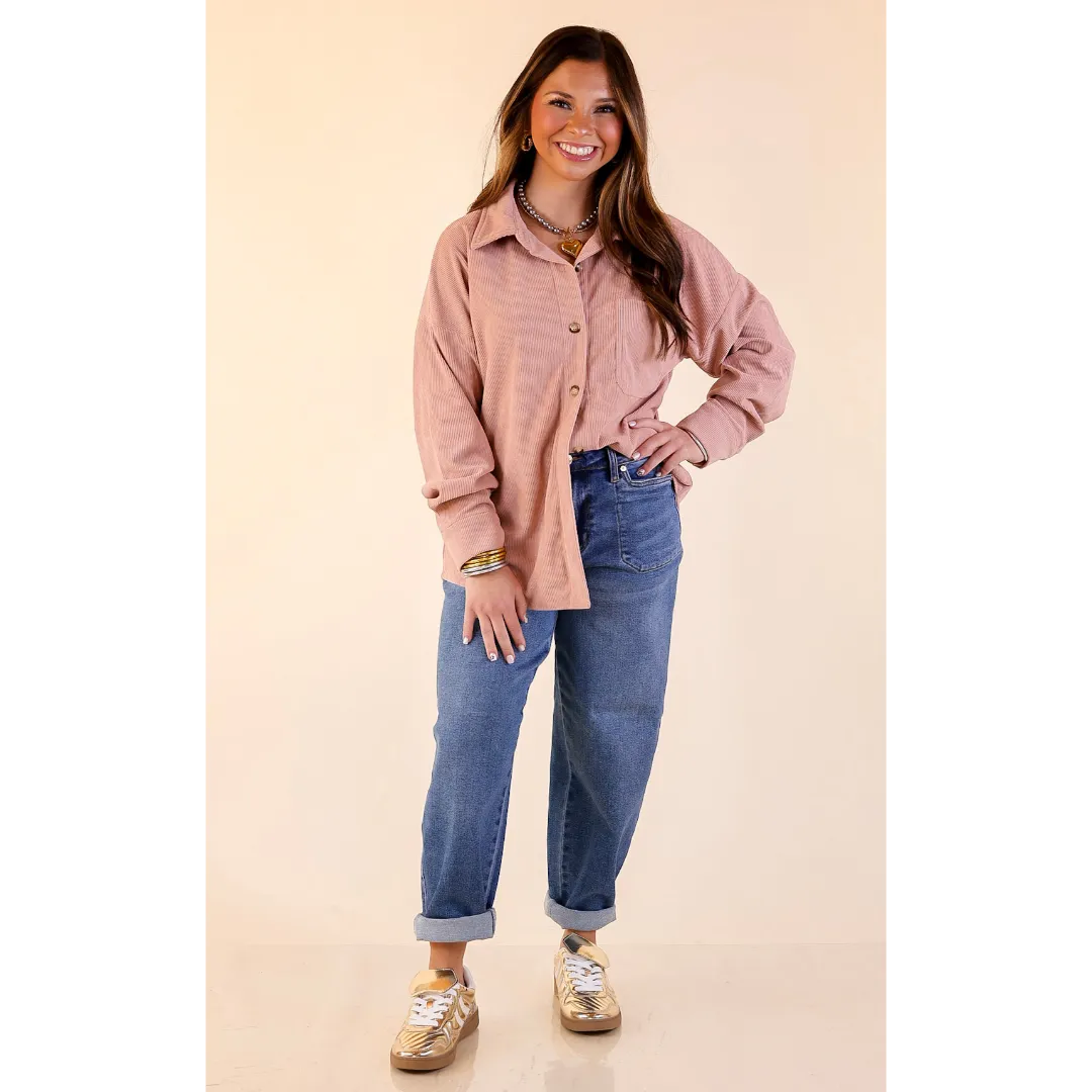Captivating Cuteness Corduroy Button Up Shacket in Mauve Pink AntiPilling Finish Sustainable Manufacturing