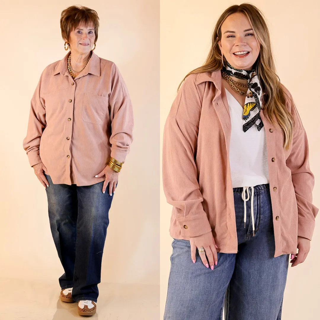 Captivating Cuteness Corduroy Button Up Shacket in Mauve Pink Non Irritating Seams TurtleneckDesign