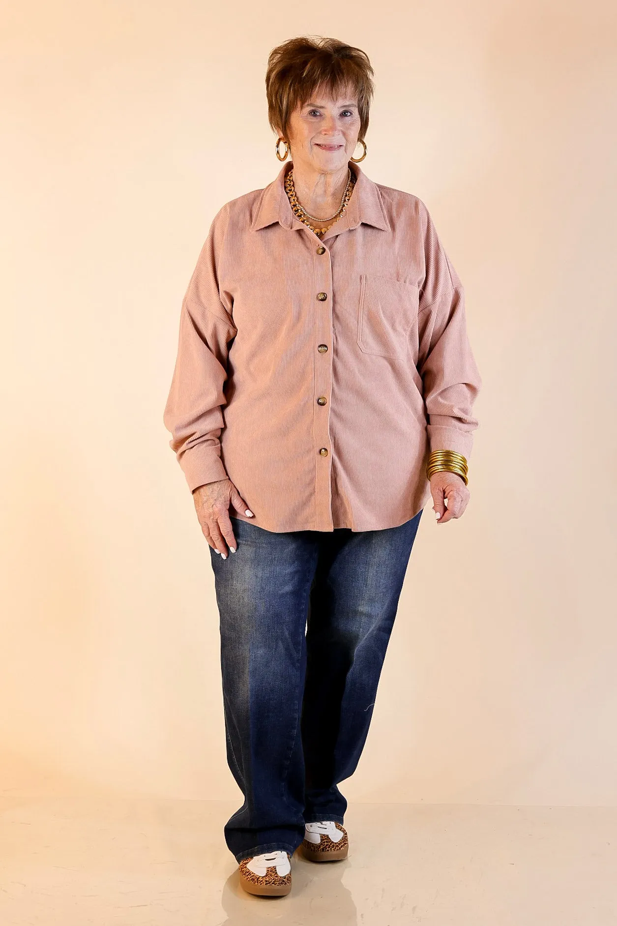 MultiFunctional Pocket Placement Captivating Cuteness Corduroy Button Up Shacket in Mauve Pink