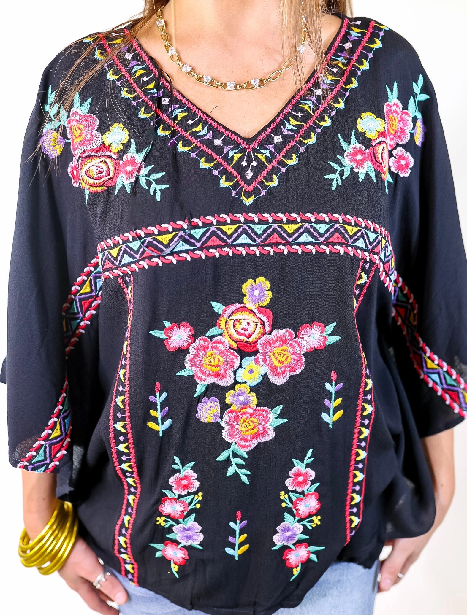 Beautiful Borders Half Sleeve V Neck Floral Embroidered Top in Black Four Way Stretch WaterResistant