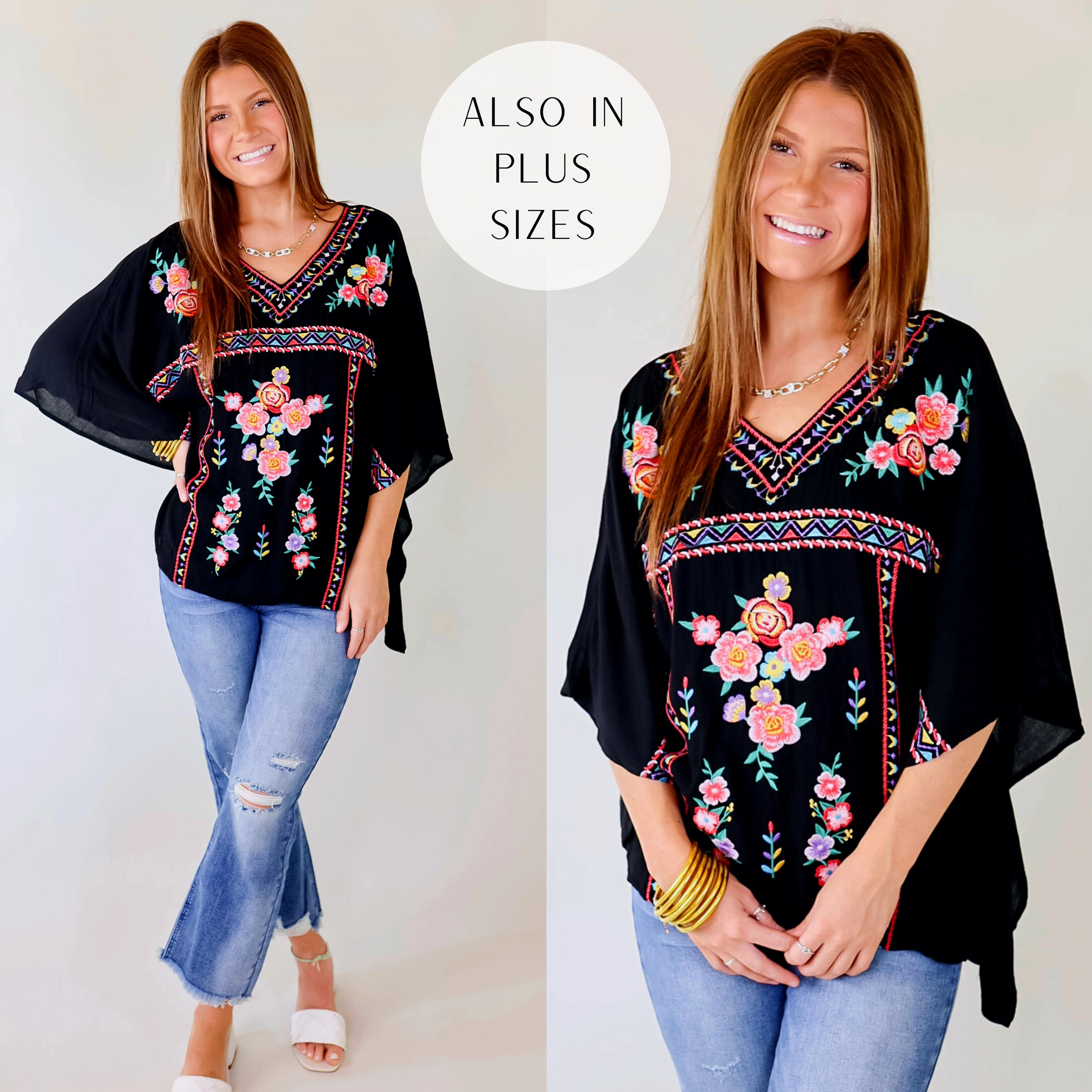 Beautiful Borders Half Sleeve V Neck Floral Embroidered Top in Black Warm Pants