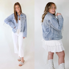 City Soul EcoFriendlyTextiles Like a Diamond Crystal Fringe Button Up Denim Jacket in Light Wash