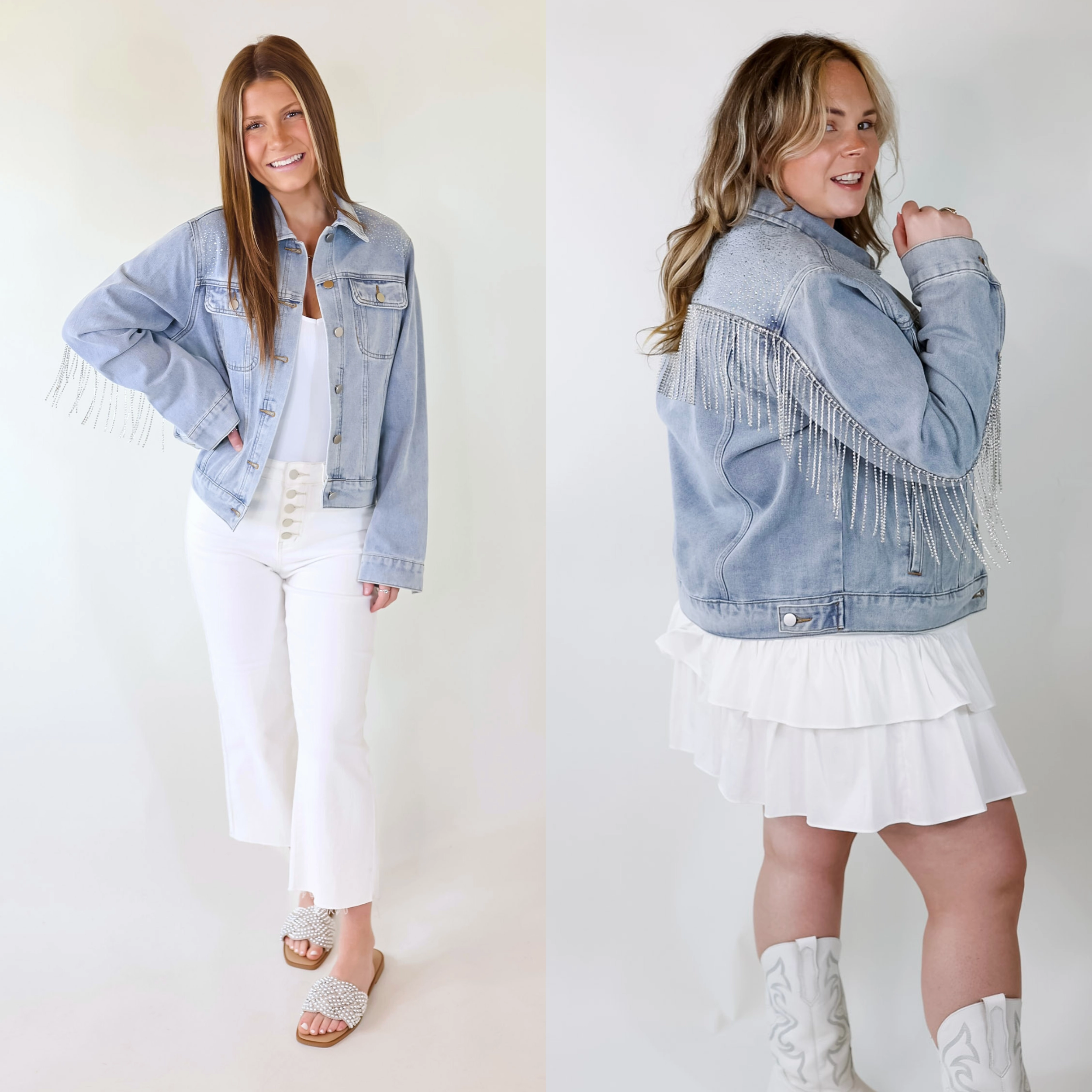 City Soul EcoFriendlyTextiles Like a Diamond Crystal Fringe Button Up Denim Jacket in Light Wash