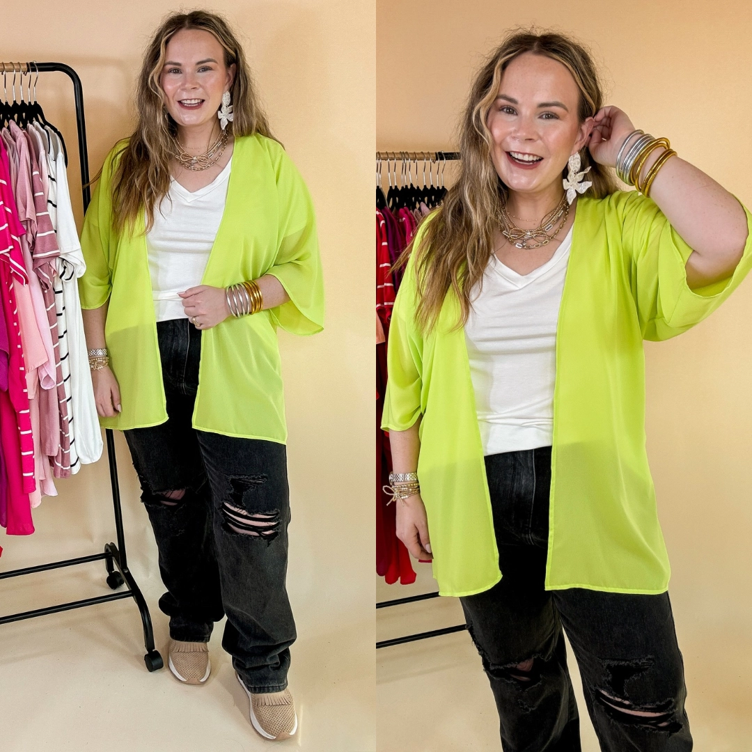 Semi Formal NonSlipTrims Like a Melody Solid Sheer Kimono in Lime Green