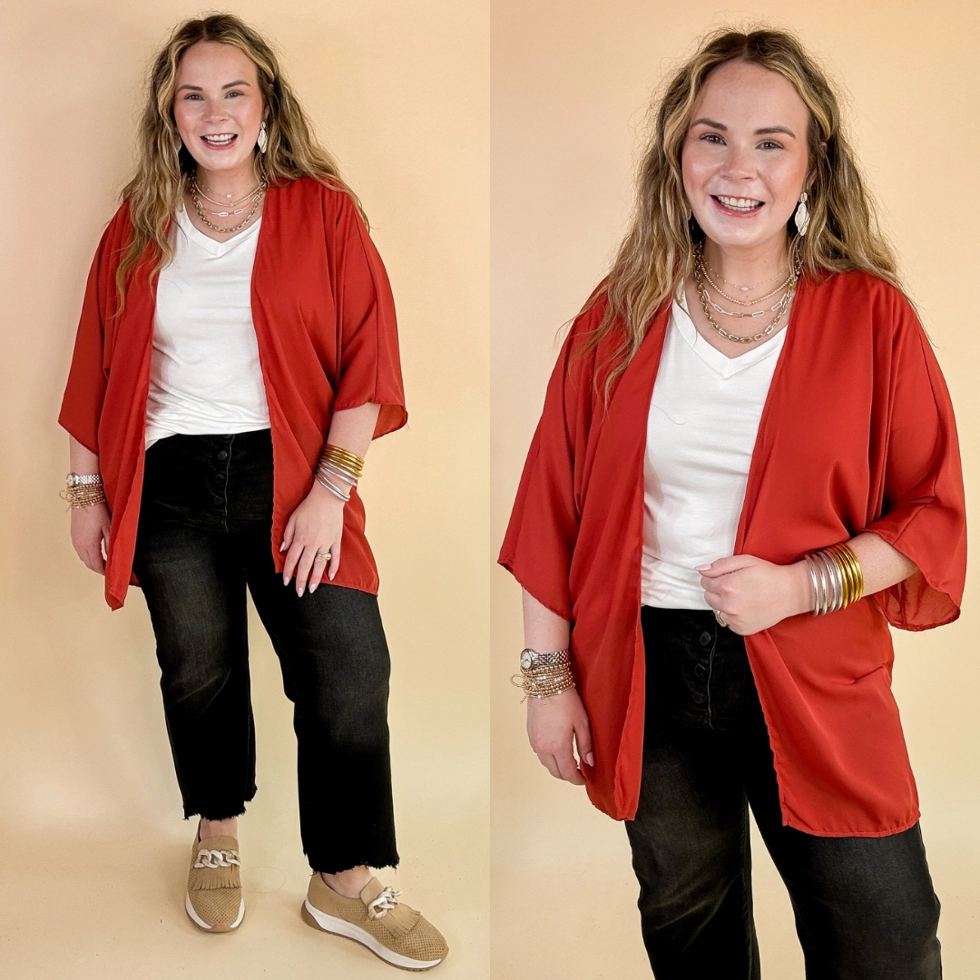 Like a Melody Solid Sheer Kimono in Rust Red Legend Fit AntiPilling Fabric