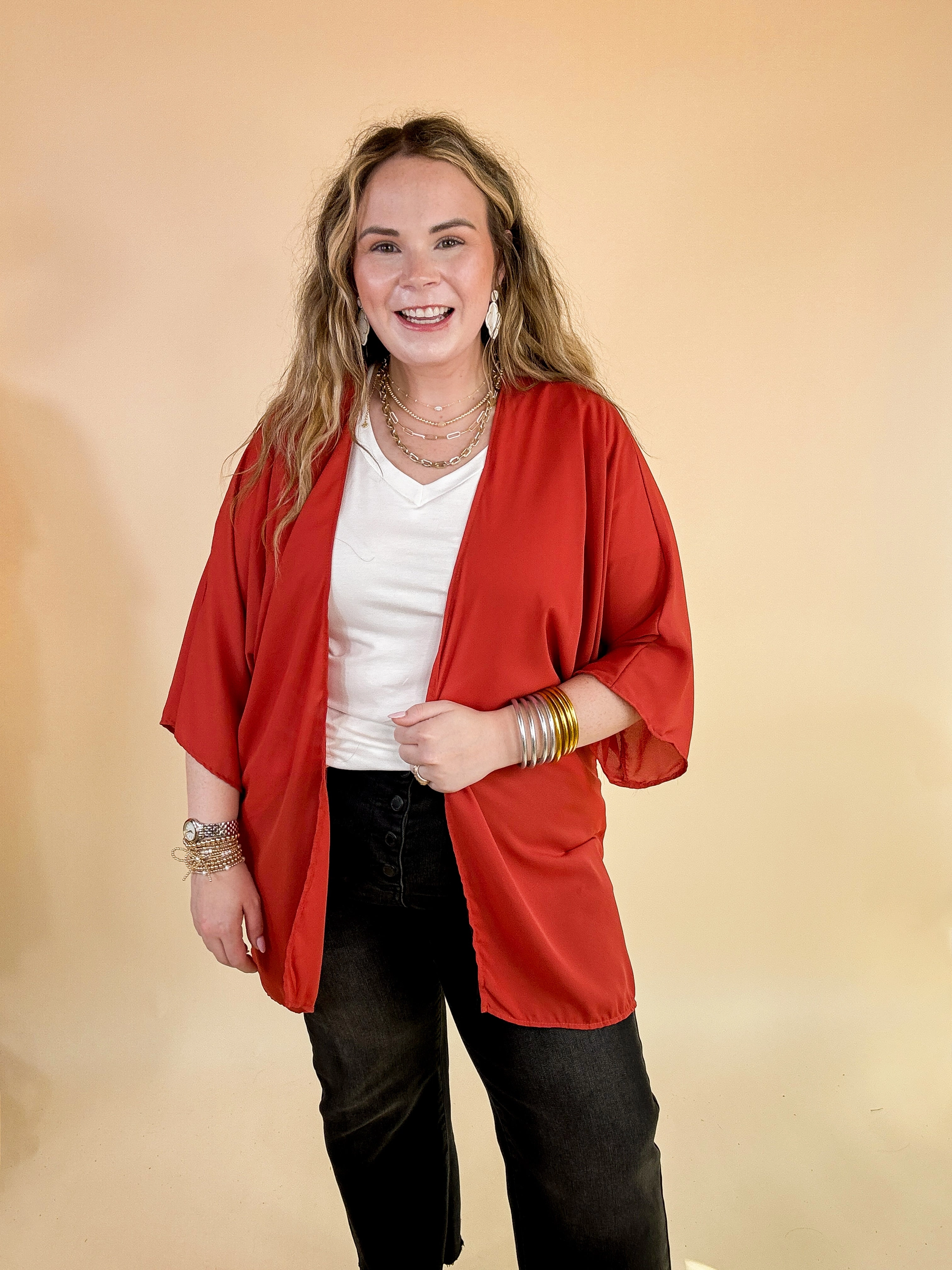 Rain Proof Like a Melody Solid Sheer Kimono in Rust Red