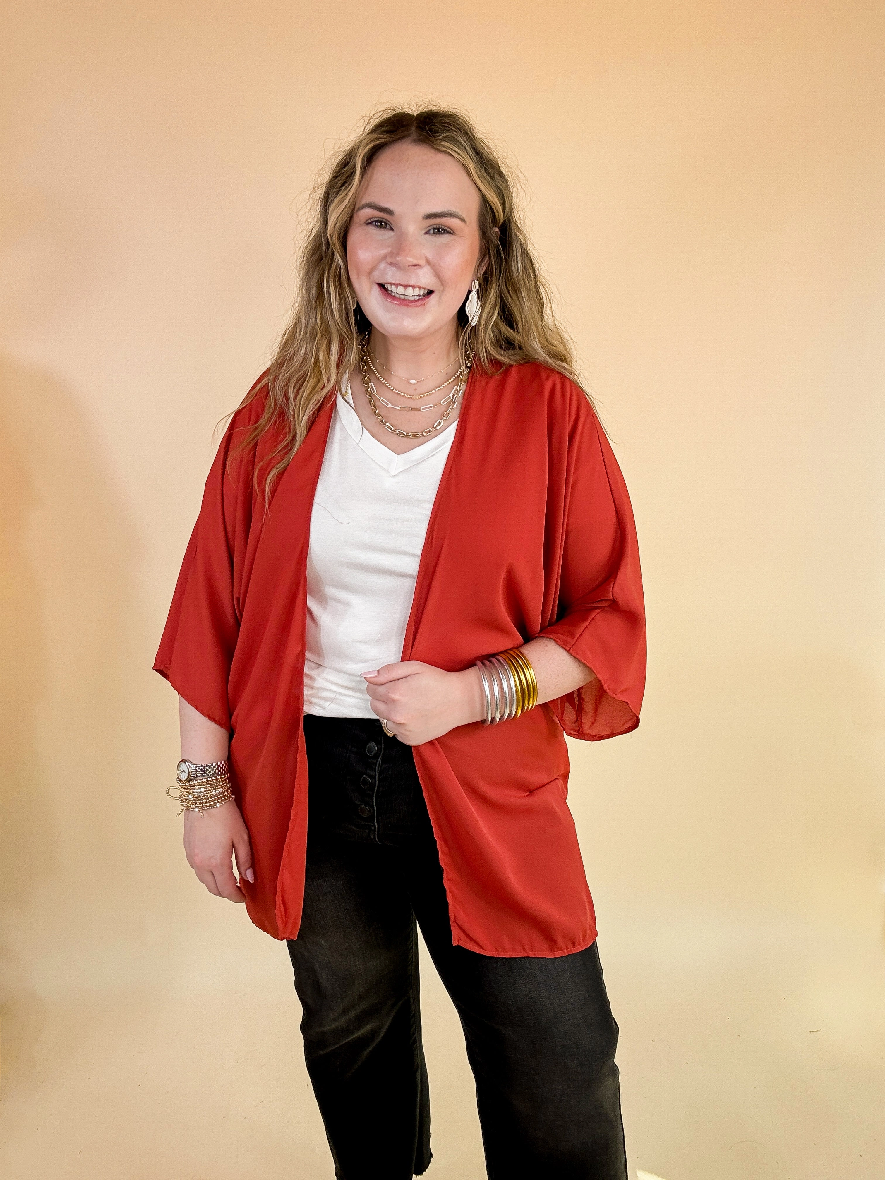 QuickDryMaterial Like a Melody Solid Sheer Kimono in Rust Red