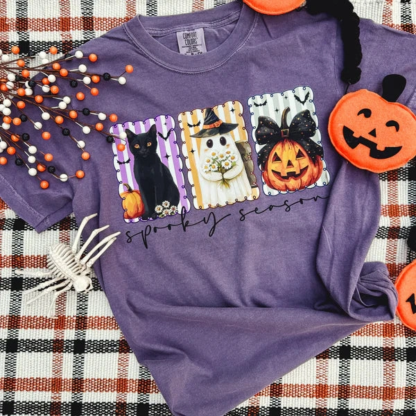 Vintage Style Chic Smart Online Exclusive | Spooky Season Stripes Graphic on Short Sleeve Comfort Color Tee in Grape Purple