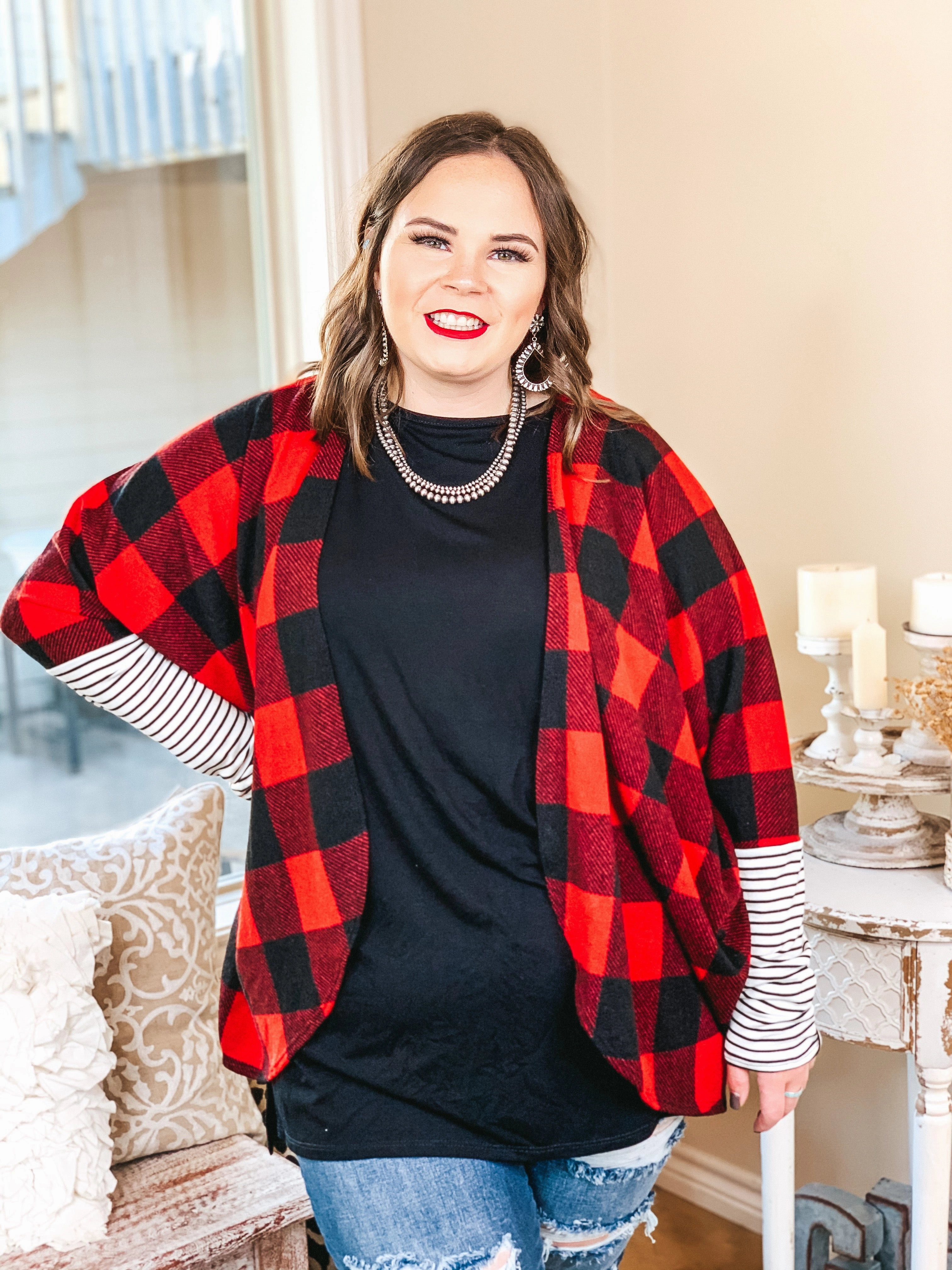 ThermalRegulating Layer Soft Leggings Lining Up Long Sleeve Dolman Cardigan with Striped Sleeves in Buffalo Plaid