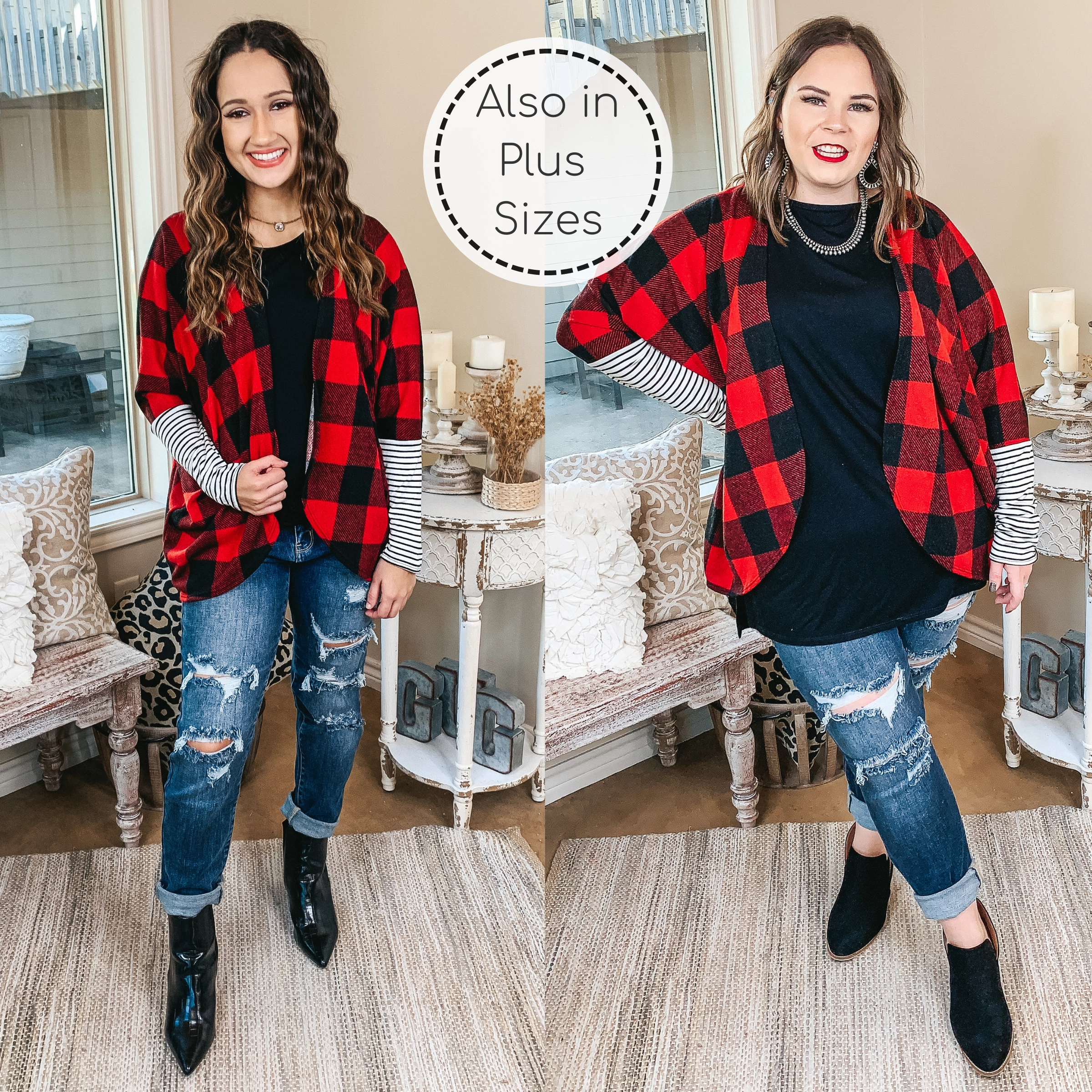 Suburb Ease EcoDyeProcess Lining Up Long Sleeve Dolman Cardigan with Striped Sleeves in Buffalo Plaid